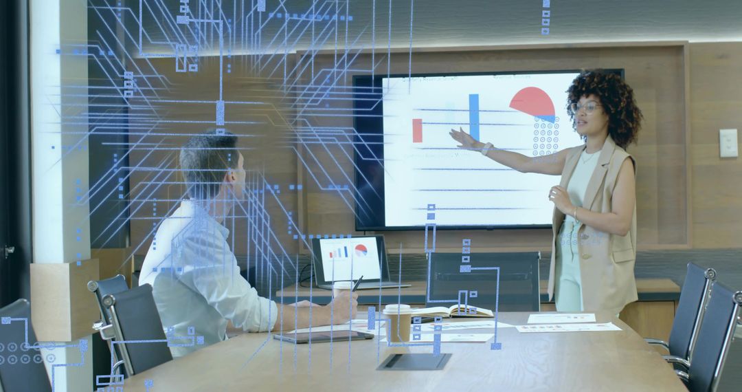 Professional Presentation in Modern Boardroom with Digital Technology Overlay