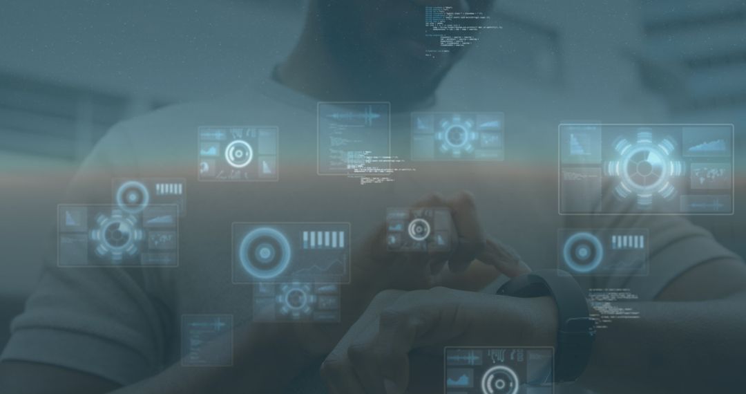 Caucasian Man Using Smartwatch with Virtual Interface