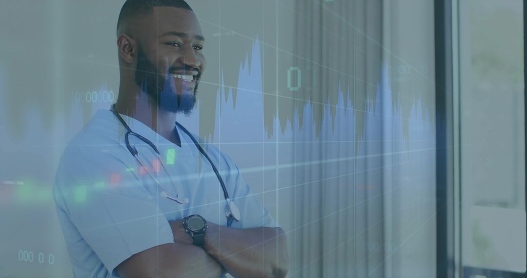 Doctor in Scrubs with Graph Overlay Symbolizing Healthcare Technology