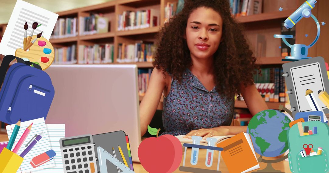 Teacher in Library Surrounded by Educational and Science Icons