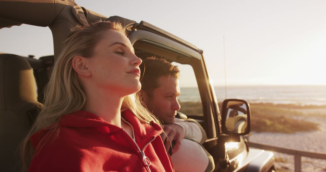 Couple Relaxing in SUV by Beach at Sunset - Free Images, Stock Photos and Pictures on Pikwizard.com