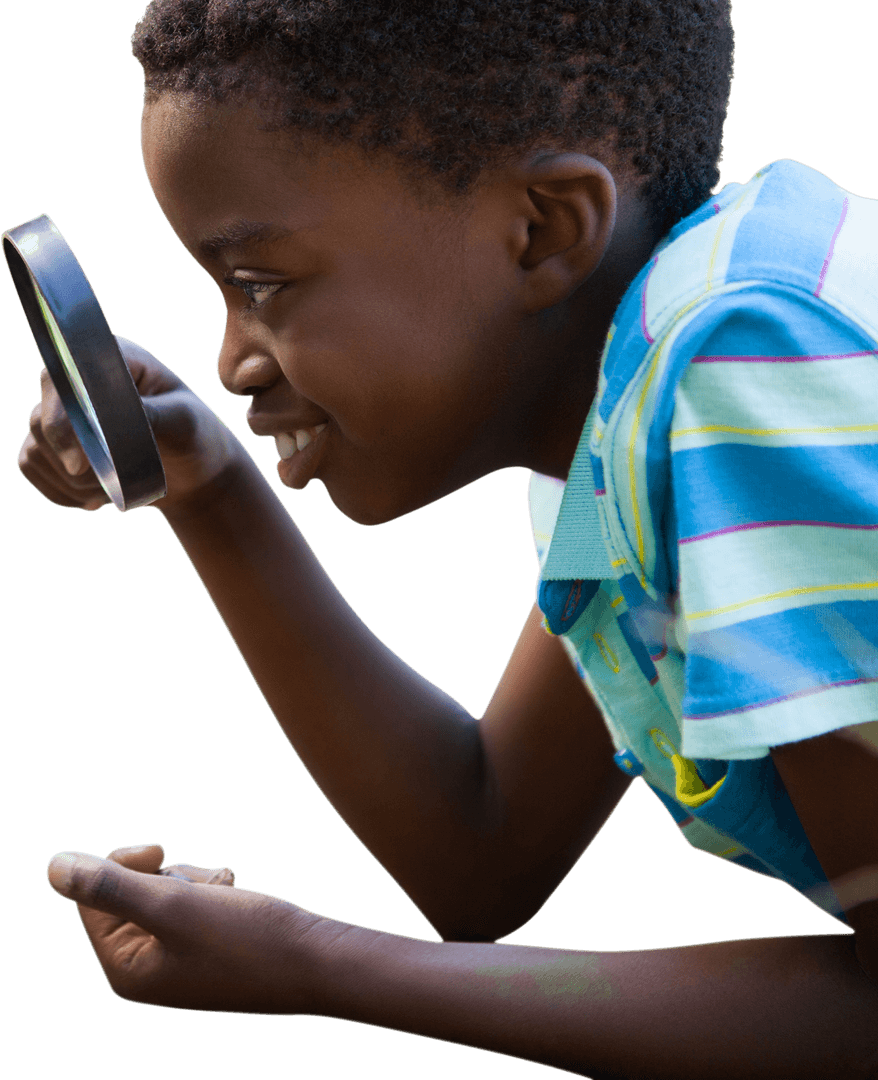 Curious Boy Exploring with Magnifying Glass on Sunny Day, Transparent Background