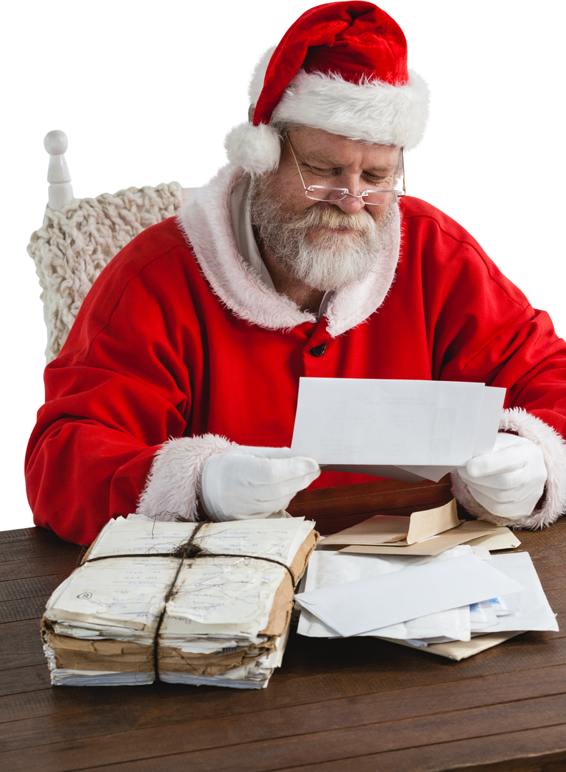 Transparent Santa Claus Reading Wish Lists Sitting by Stack of Old Letters - Download Free Stock Images Pikwizard.com