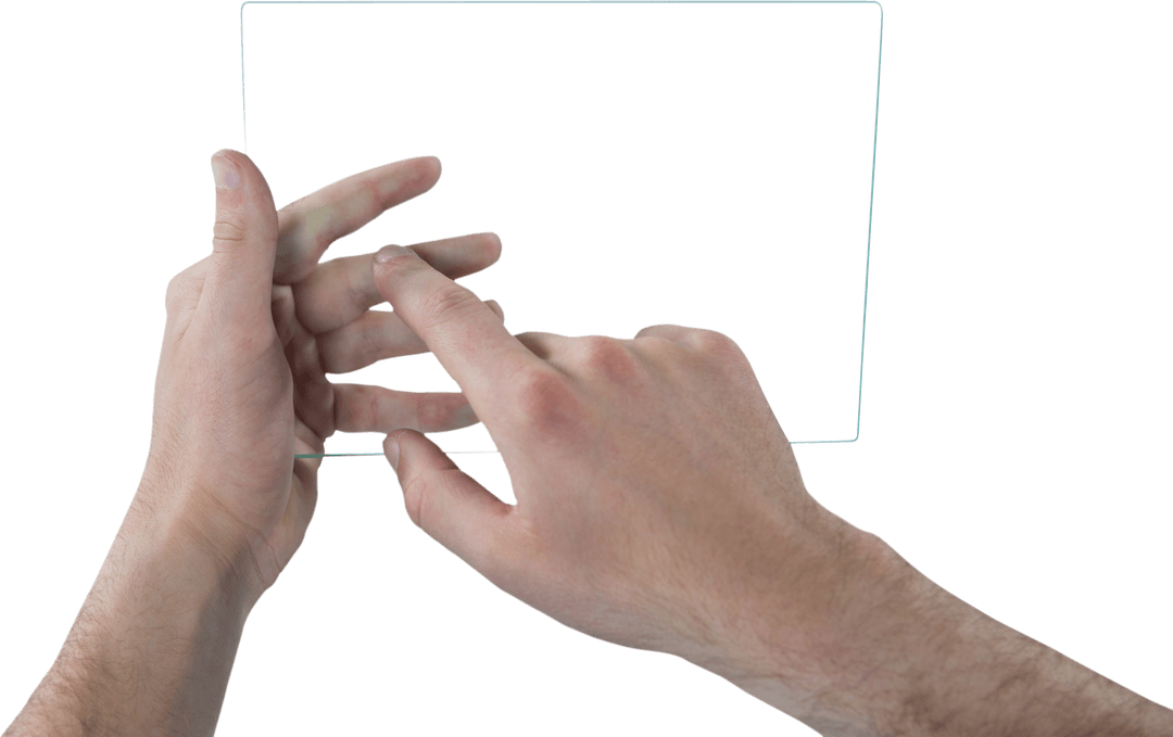 Hands Interacting with Futuristic Transparent Tablet