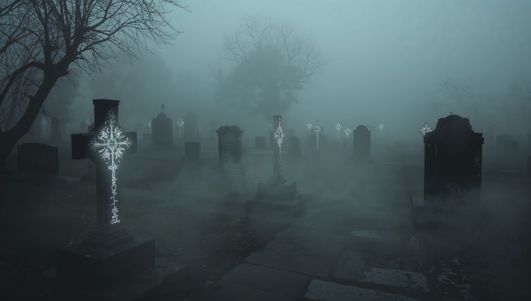 Mysterious Foggy Cemetery with Illuminated Cross Gravestone