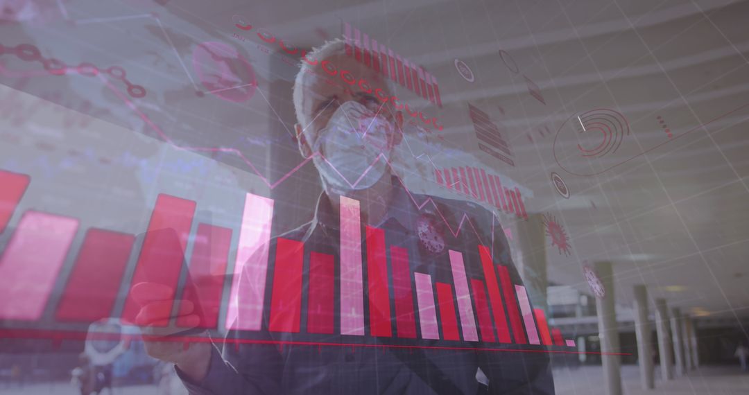 Elderly Man Analyzing Data with COVID-19 Graphics Overlay