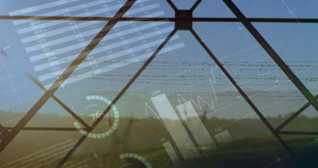 Futuristic Data Visualizations over Landscape with Transmission Towers