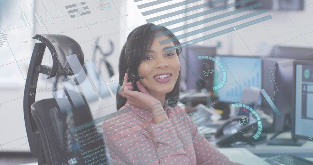 Smiling Woman at Call Center with Futuristic Data Overlay