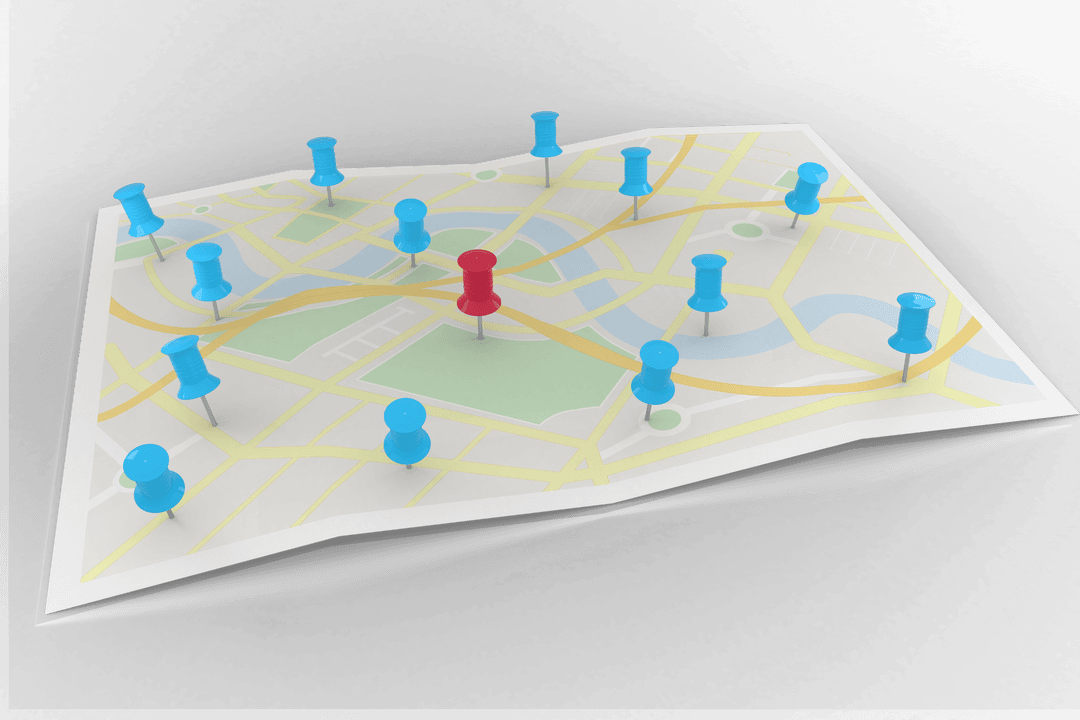 Digital City Map with Colorful Pins on Transparent Background