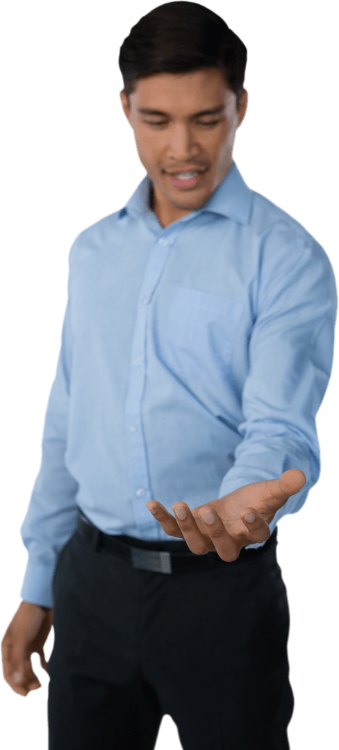 Businessman Holding Invisible Object on Transparent Background