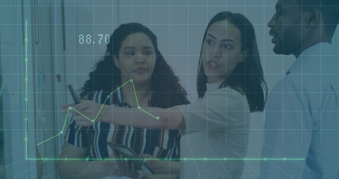 Business Analysts Collaborating with Data and Technology in Corporate Workspace