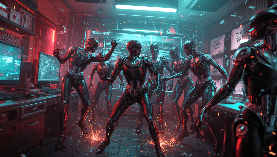 Futuristic Androids Operating Technology Room with Sparks