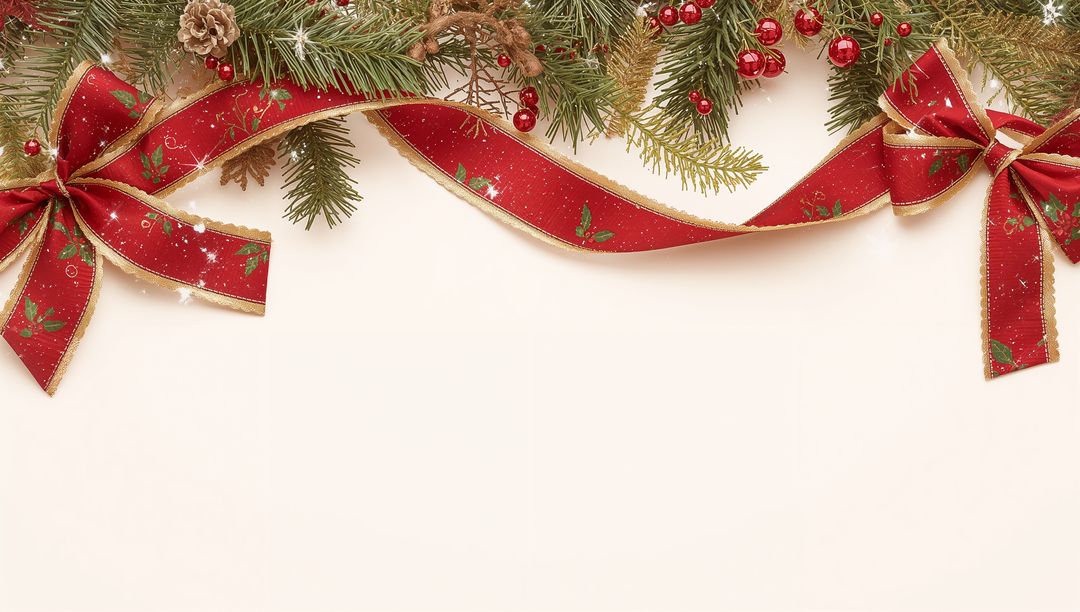 Festive Christmas Garland with Red Ribbon, Sparkling Bows and Pine Cones Framing Blank Holiday Card