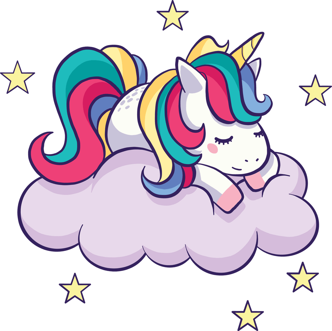 Colorful Unicorn Sleeping on Cloud with Stars and Transparent Background
