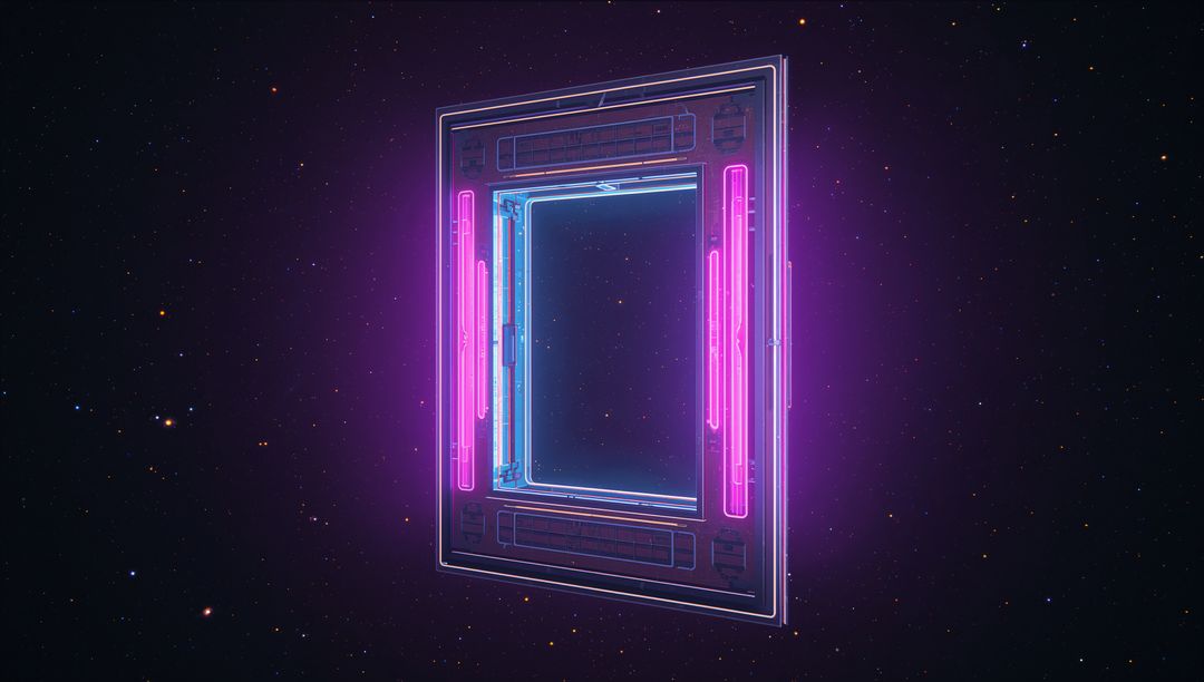 Neon Portal Hovering in Deep Space with Cyan Frame and Magenta Tubes Futuristic Gateway