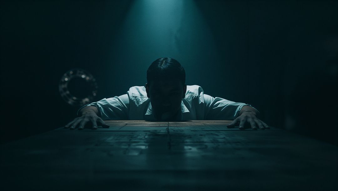 Mysterious Man in Dramatic Interrogation Room with Dim Lighting