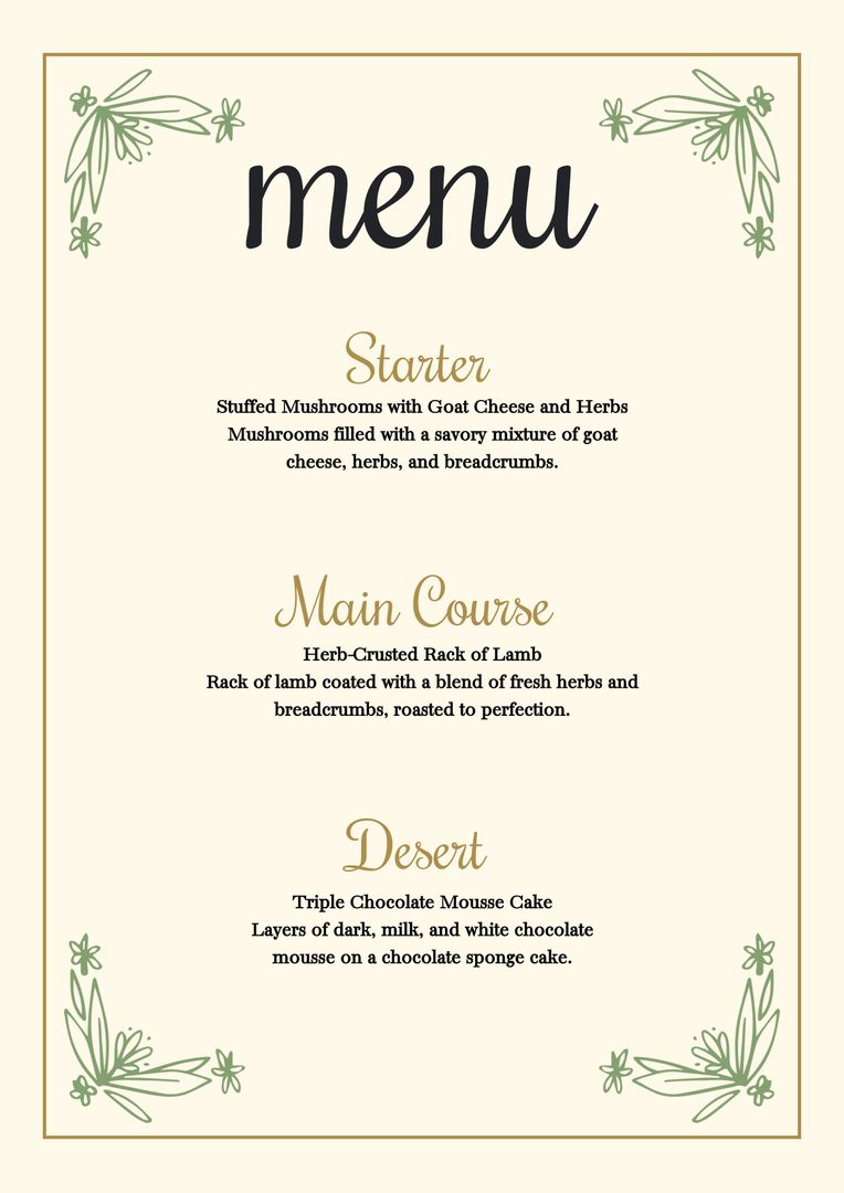 Elegant Restaurant Menu with Floral Decorations and Gourmet Dishes - Download Free Stock Templates Pikwizard.com