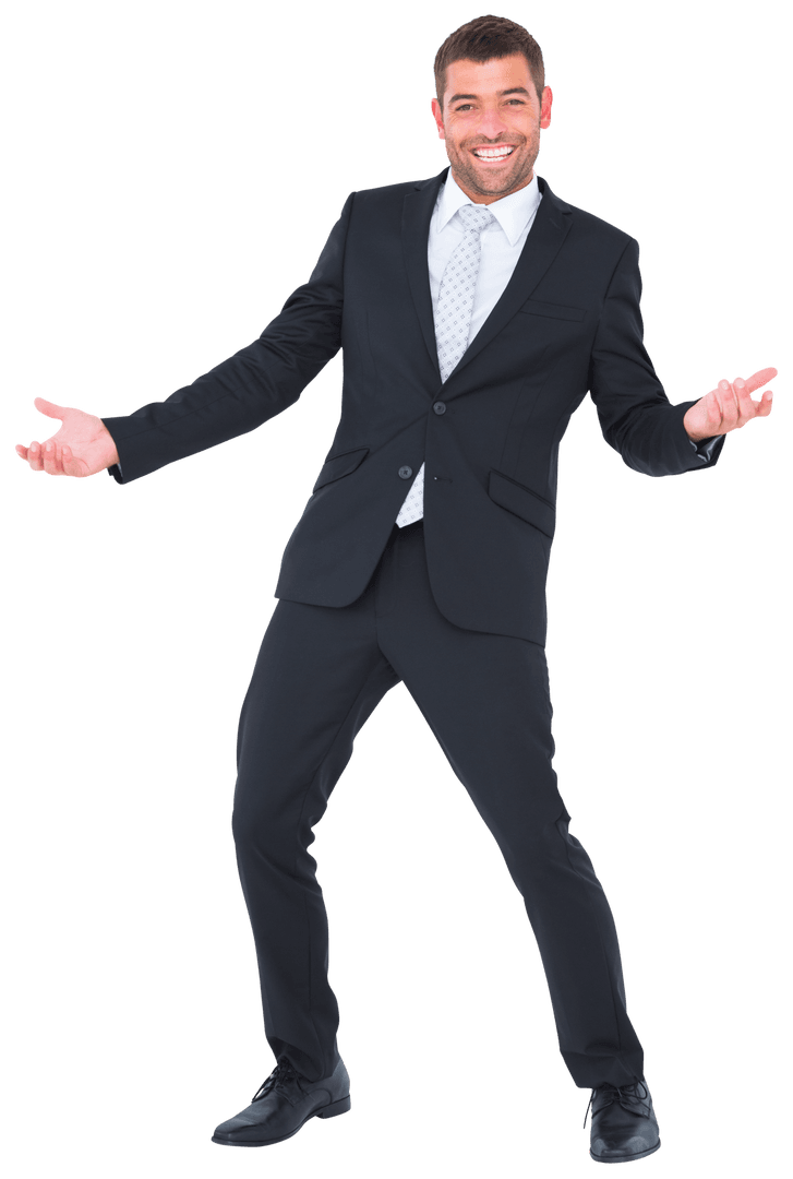 Confident Businessman Smiling with Open Hands Gesture Transparent
