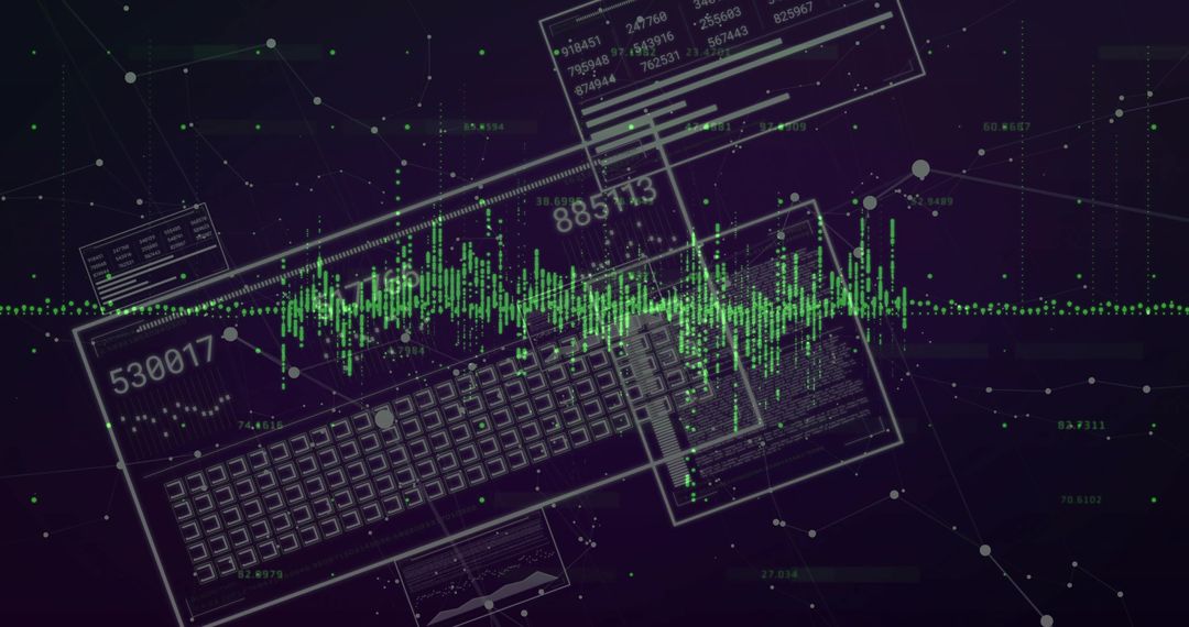 Neon green waveform streaming across digital network with keyboard and analytics panels