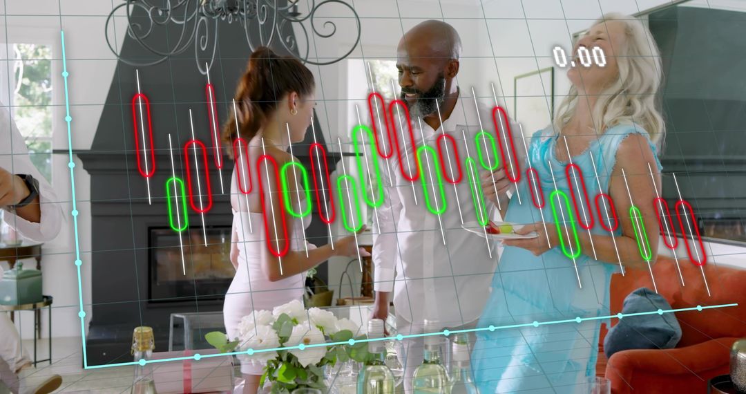 Upscale home cocktail gathering with candlestick stock chart overlay and data visualization