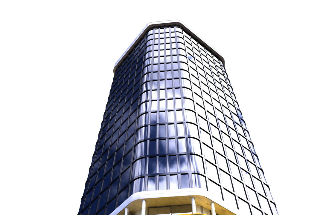 Elegant Transparent Office Tower Skyscraping in Blue Sky