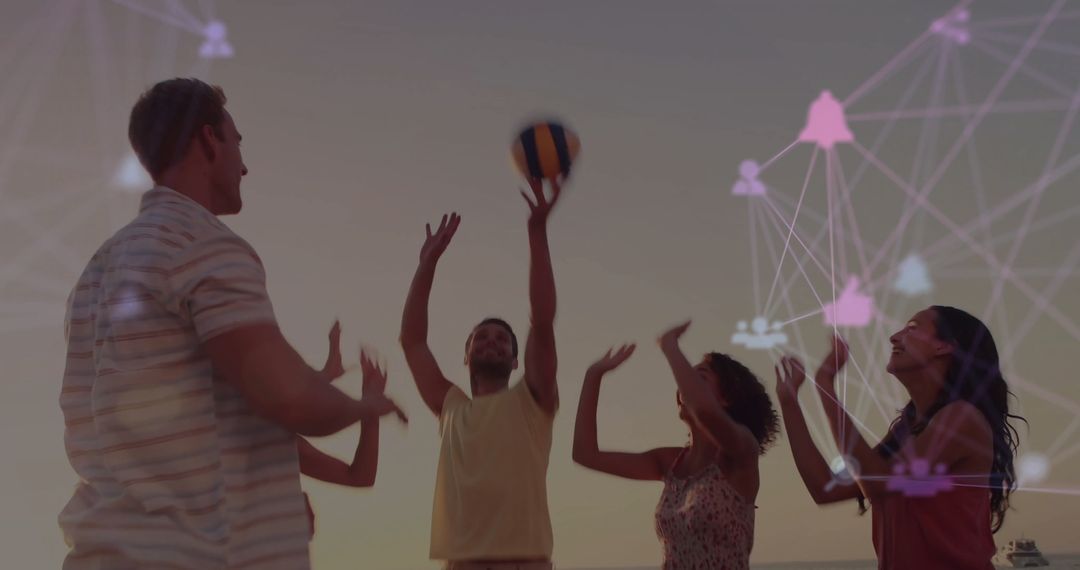 Friends Enjoying Beach Volleyball with Digital Network Overlay
