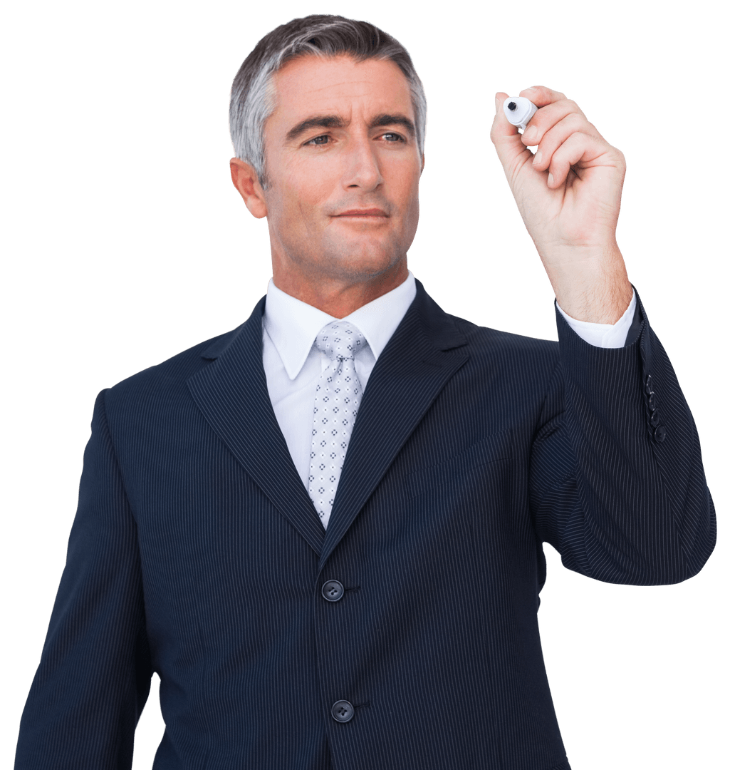 Businessman in Suit Writing with Invisible Ink on Transparent Background