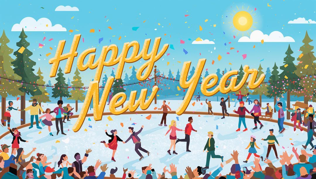 Golden Happy New Year Script Over Festive Outdoor Ice Rink with Skating Crowd