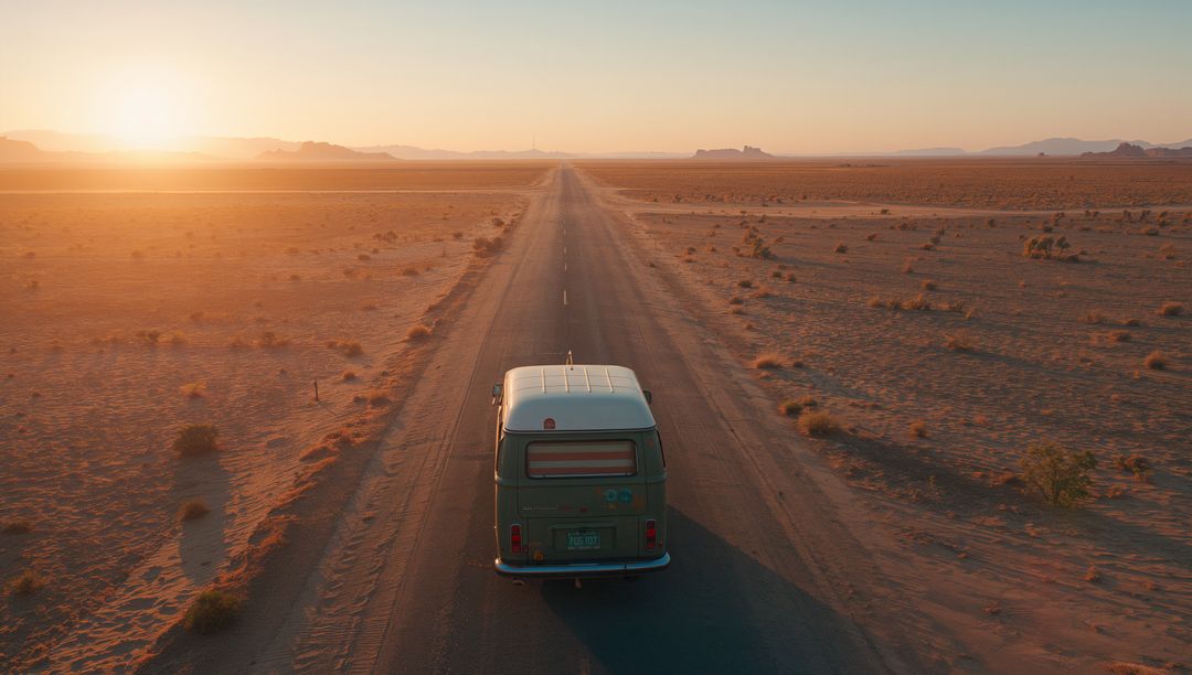 Vintage Camper Van on Endless Desert Adventure