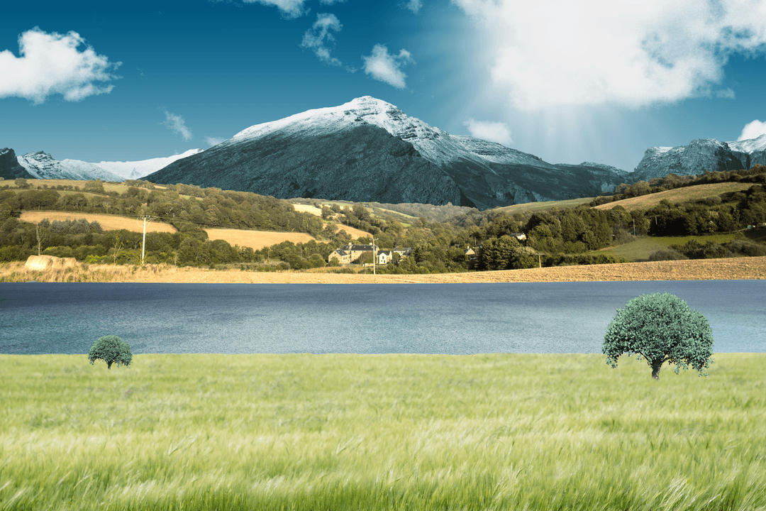 Transparent Landscape with Majestic Mountains and Serene Field