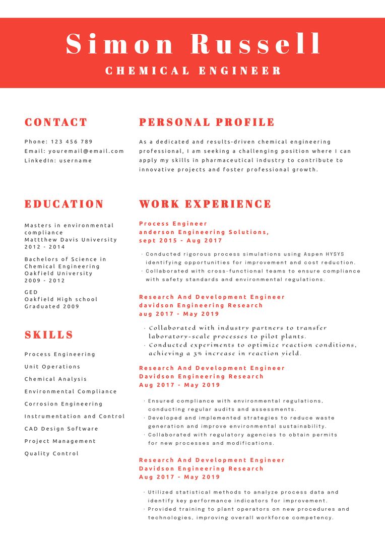 Bold Red-Header Resume Template for Chemical Engineers - Download Free Stock Templates Pikwizard.com