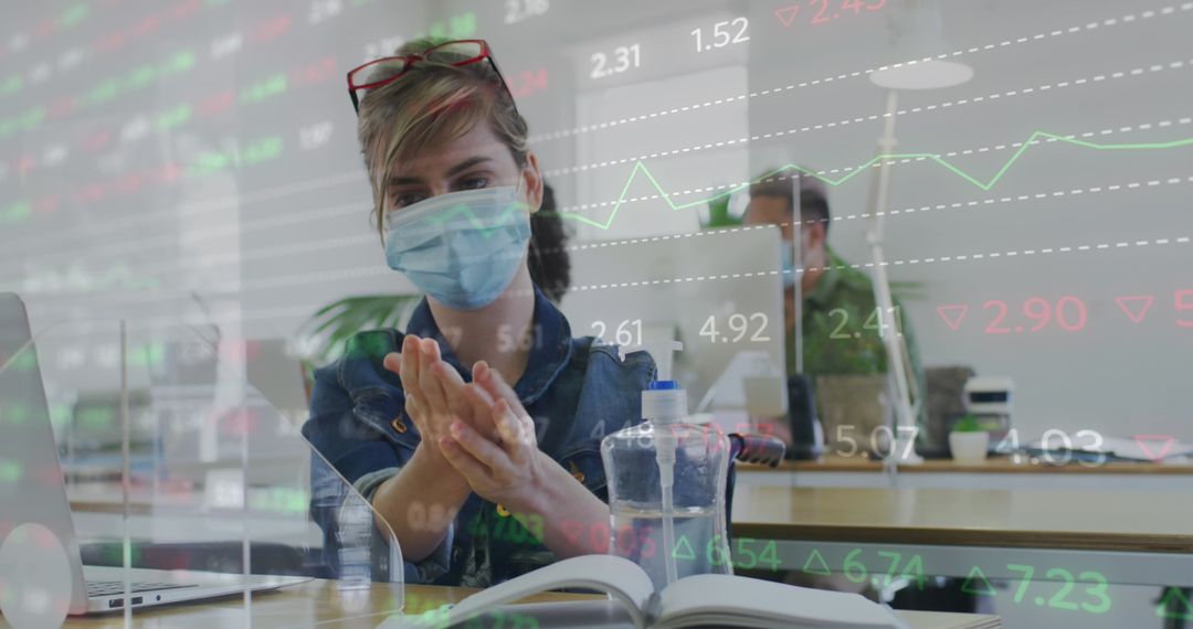 Business Professionals Analyzing Market Data with Safety Precautions