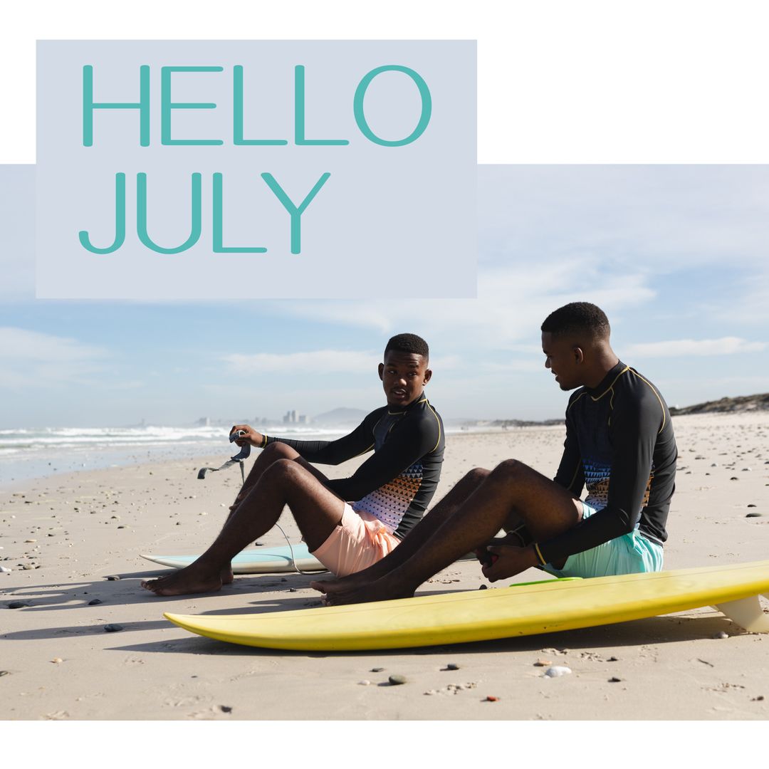 Men Relaxing with Surfboards at Sea Shore for July Beach Fun