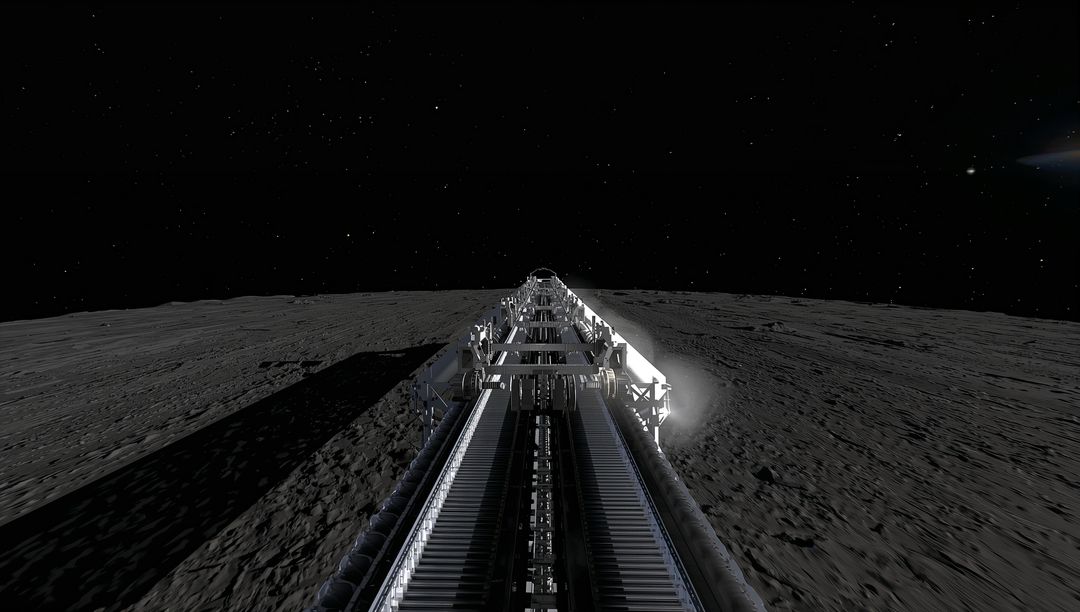 Lunar rail extending across moon surface with illuminated tracks, treads and long shadows