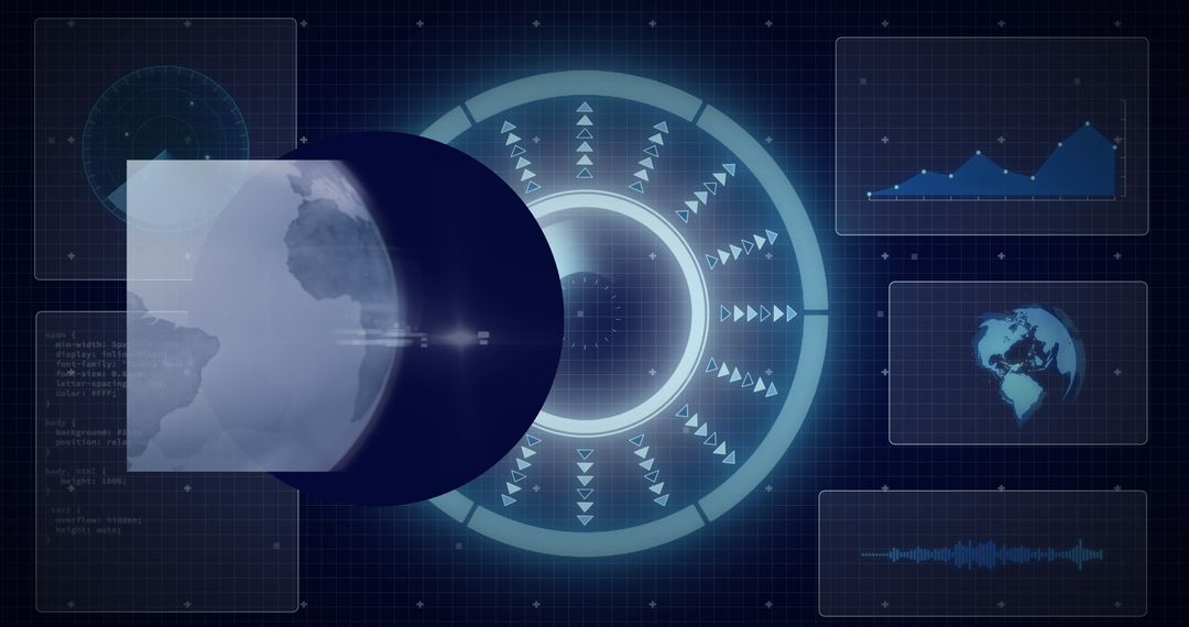 Digital globe with data processing elements on dark interface