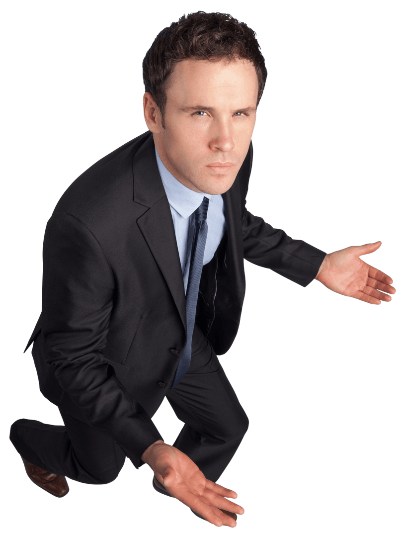 Confused Businessman Posing with Outstretched Arms on Transparent Background