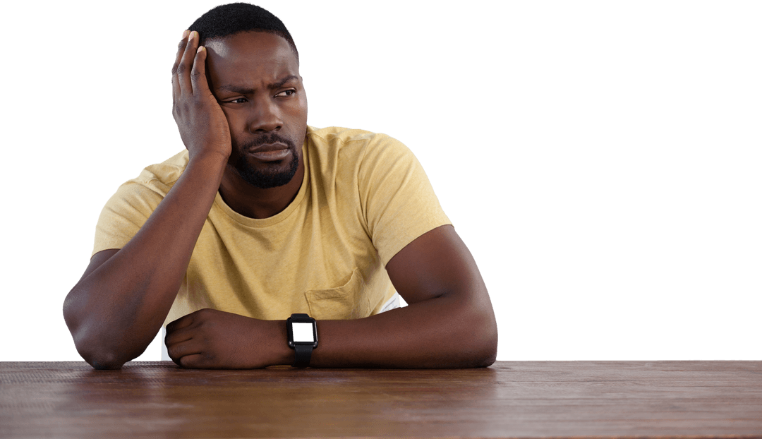 Thoughtful African American Man Sitting at Table on Transparent Background