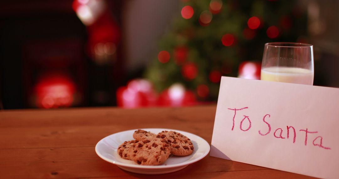 Plate of Chocolate Chip Cookies and Milk for Santa by Christmas Tree - Free Images, Stock Photos and Pictures on Pikwizard.com