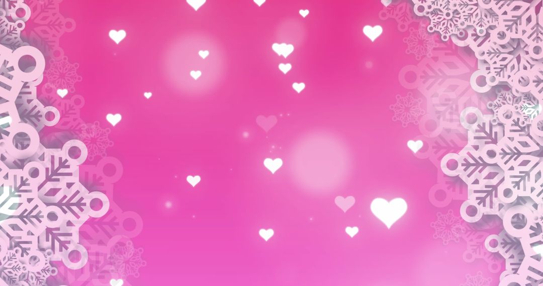 Glowing Heart Icons Framed by Intricate Snowflakes on Pink