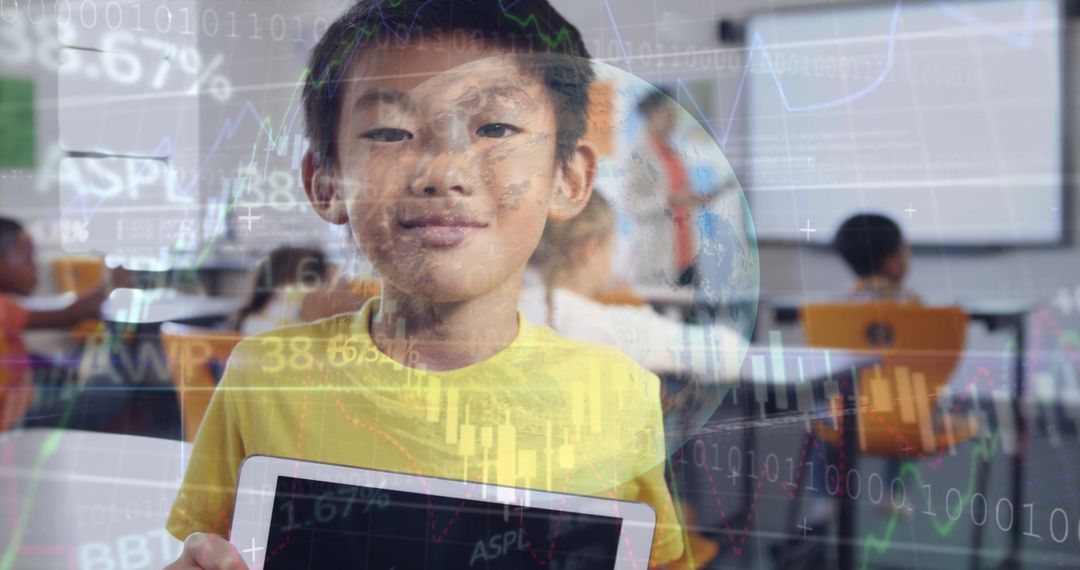 Asian Boy Holding Tablet with Global Technology Overlay