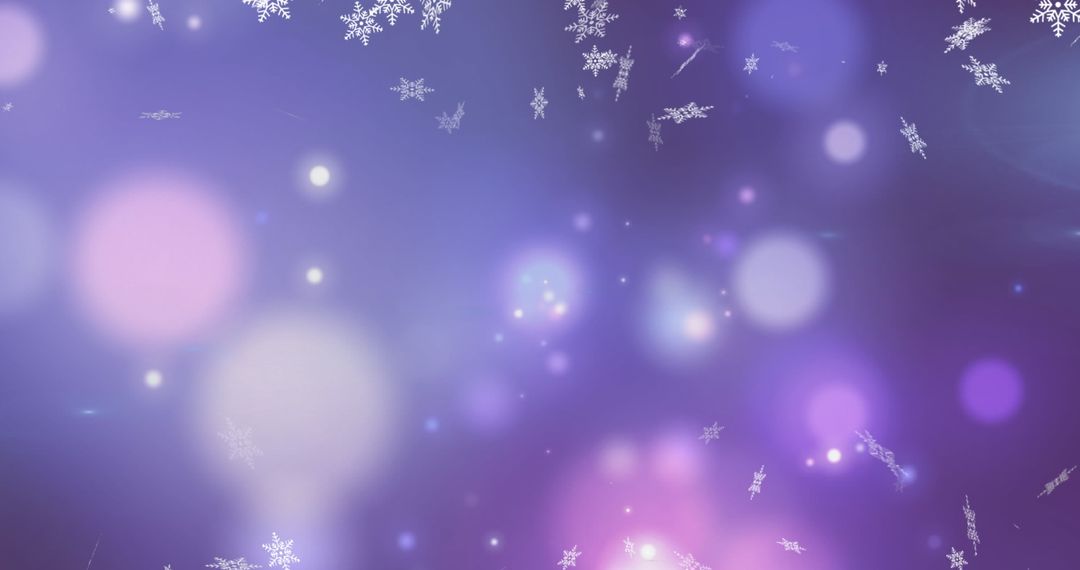 Snowflakes Floating Against Glowing Lights on Purple Background