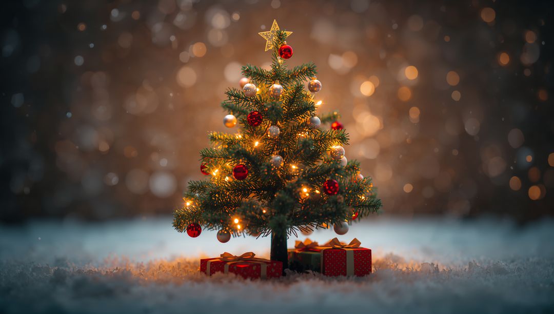 Miniature Christmas tree glowing with warm lights and golden star on snowy surface