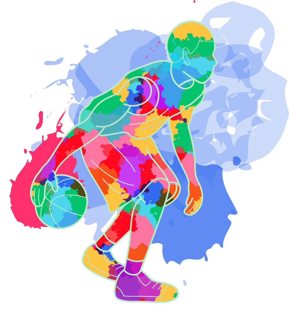 Colorful Silhouette of Dribbling Basketball Player on Transparent Canvas