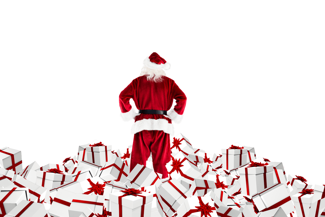 Santa Standing on Heap of Christmas Gifts with Transparent Background