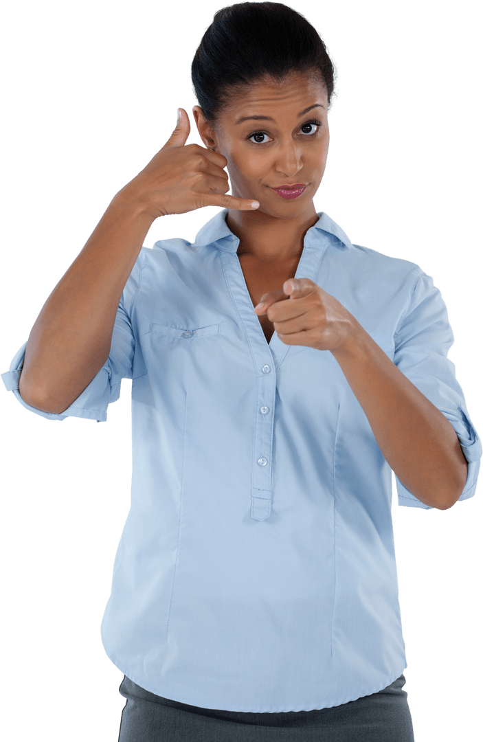 Transparent Businesswoman Mimicking Phone Gesture with Finger Pointing