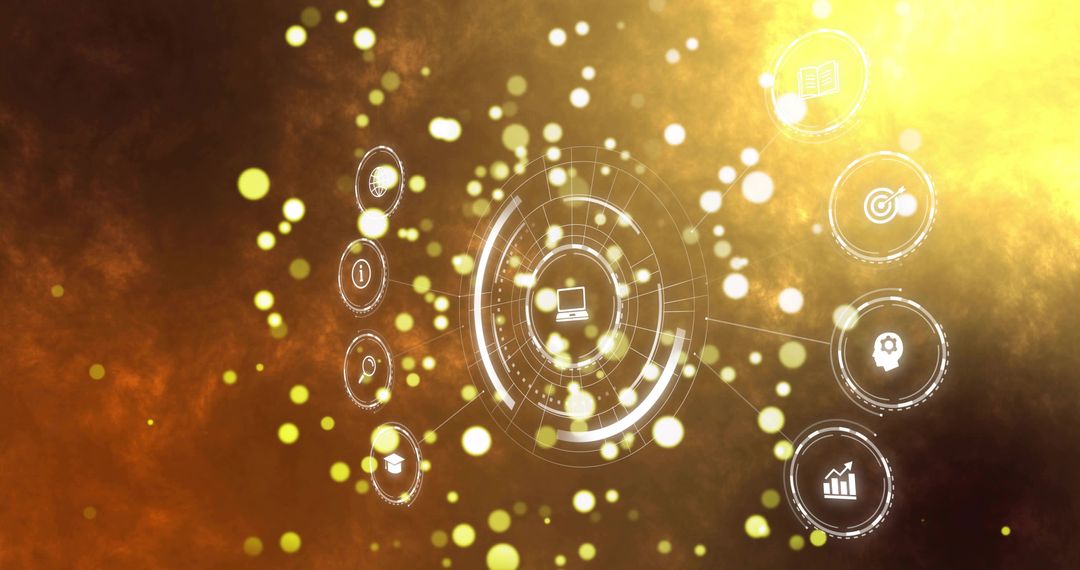 Projecting Holographic Laptop HUD with Concentric Rings, Nodes and Warm Golden Bokeh