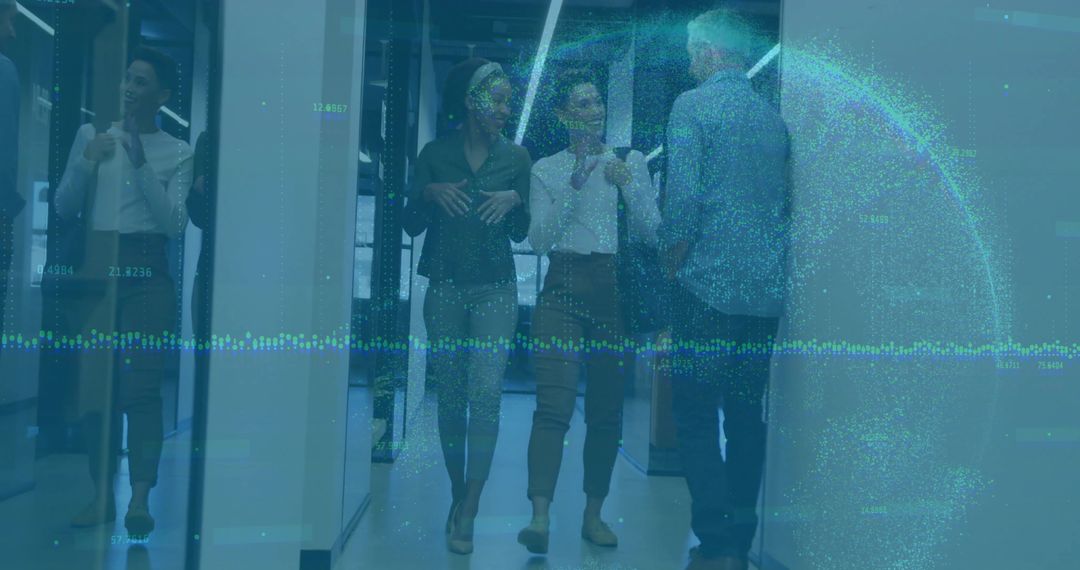 Business Team Walking and Collaborating in Glass Corridor with Futuristic Data Globe Overlay