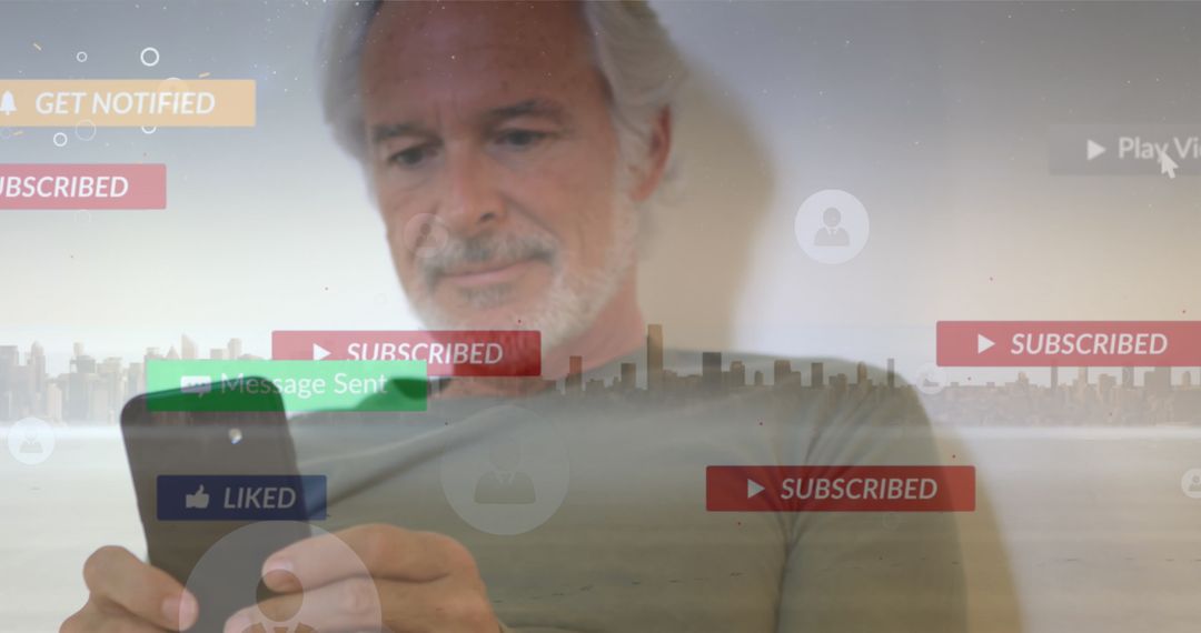 Senior Man Using Smartphone with Social Media Icons Overlay