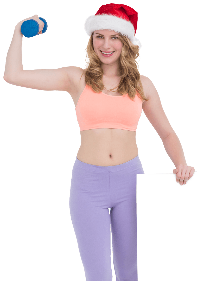 Festive Fit Woman Smiling and Exercising with Dumbbell and Poster