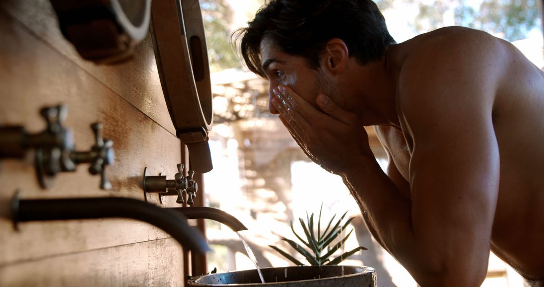 Man Washing Face Outdoors Using Wooden Faucet System - Free Images, Stock Photos and Pictures on Pikwizard.com